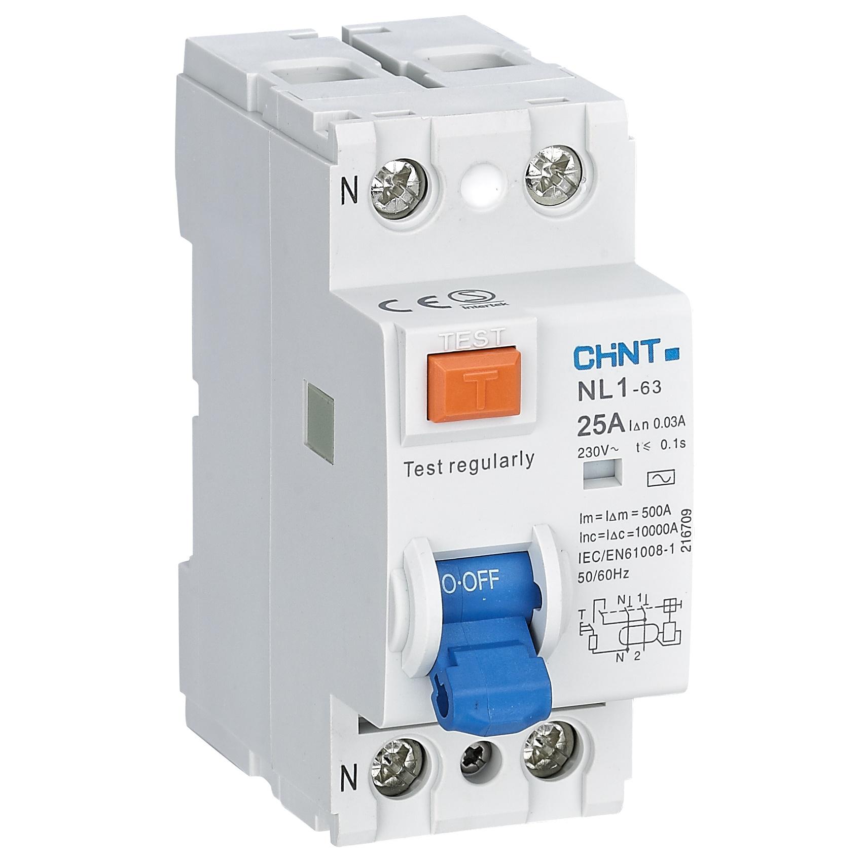 Дефектнотокова защита NL1-63 "Chint" 2P 25A 30mA Тип AC 6kA 200212