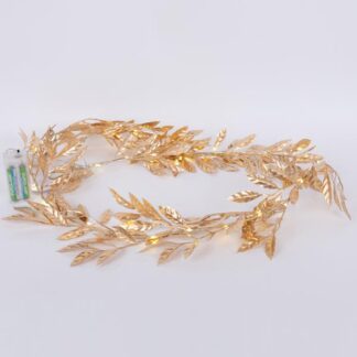 LIGHTED GOLD GARLAND WITH GOLD OLIVE LEAVES 150cm, 30 WARM WHITE LED, BATTERY BOX 2xAA, LEAD WIRE 50cm, IP20 600-22549 - Eurolamp
