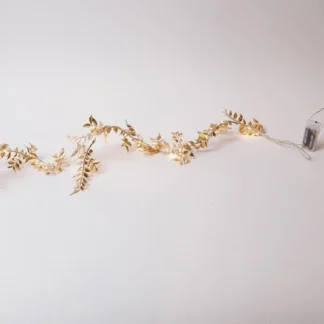 LIGHTED GOLD GARLAND WITH BROAD LEAF 150cm, 16 WARM WHITE LED, BATTERY BOX 3xAA, TIMER, LEAD WIRE 30cm, IP20 600-22562 - Eurolamp