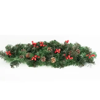 BRANCHED GARLAND BOW WITH SNOWY CONE AND BERRIES 80x22cm 80 TIPS (TIPS WIDTH 8cm), GREEN COLOUR 600-30342 - Eurolamp