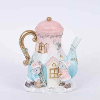 POLYRESIN TEA POT, PINK WITH MICE, 11.5x14.5x15.5cm 600-46270 - Eurolamp