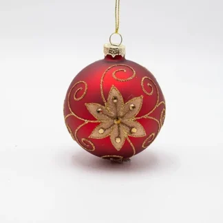 GLASS BALL, RED WITH GOLD FLOWER, SET 4PCS, 8cm 600-46765 - Eurolamp