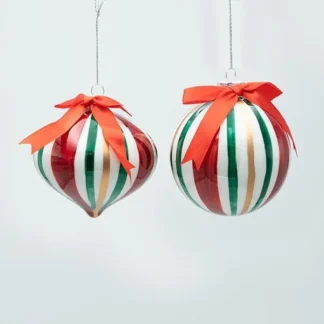 GLASS BALL, CANDY GREEN, RED, GOLD WITH BOW, 2 DESIGNS, SET 4PCS, 10cm 600-47445 - Eurolamp