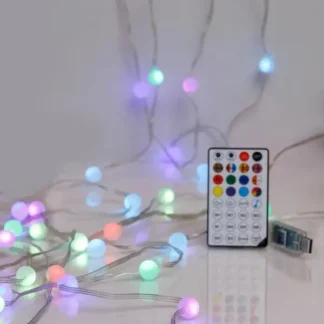 LINE, 100 SMART MINI LED, WHITE BALLS 1.5cm, USB, APP CONTROLLED, M/F, REMOTE CONTROL, TRANSPARENT FLAT COPPER WIRE, RGB LED PER 15cm, LEAD WIRE 3m, IP20 (ROLL PACK) 600-01321 - Eurolamp