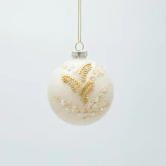 GLASS BALL, BEIGE WITH 3D GOLD LEAVES, SET 4PCS, 8cm 600-47463 - Eurolamp