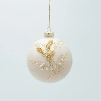 GLASS BALL, BEIGE WITH 3D GOLD LEAVES, SET 4PCS, 10cm 600-47464 - Eurolamp