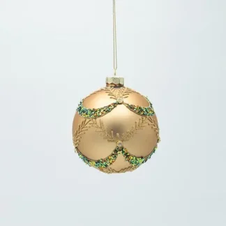 GLASS BALL, MATTE GOLD WITH GREEN STONES, SET 4PCS, 10cm 600-47467 - Eurolamp