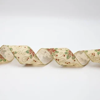 BEIGE VELVET RIBBON WITH RED POINSETTIA, 914x6.3cm 600-47865 - Eurolamp