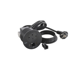 Модул за вграждане в бюро 1х Шуко и USB тип A+C, кабел 2m, Ø80mm, цвят ЧЕРЕН 654715 Incara Disq Legrand